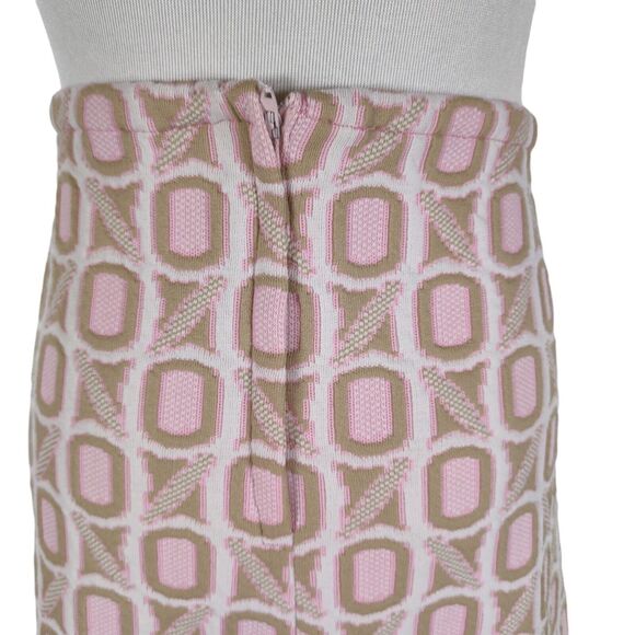 Vintage 60s Mod Knee Skirt Size XL Pink Brown Geometric Poly Jacquard - Picture 6 of 9